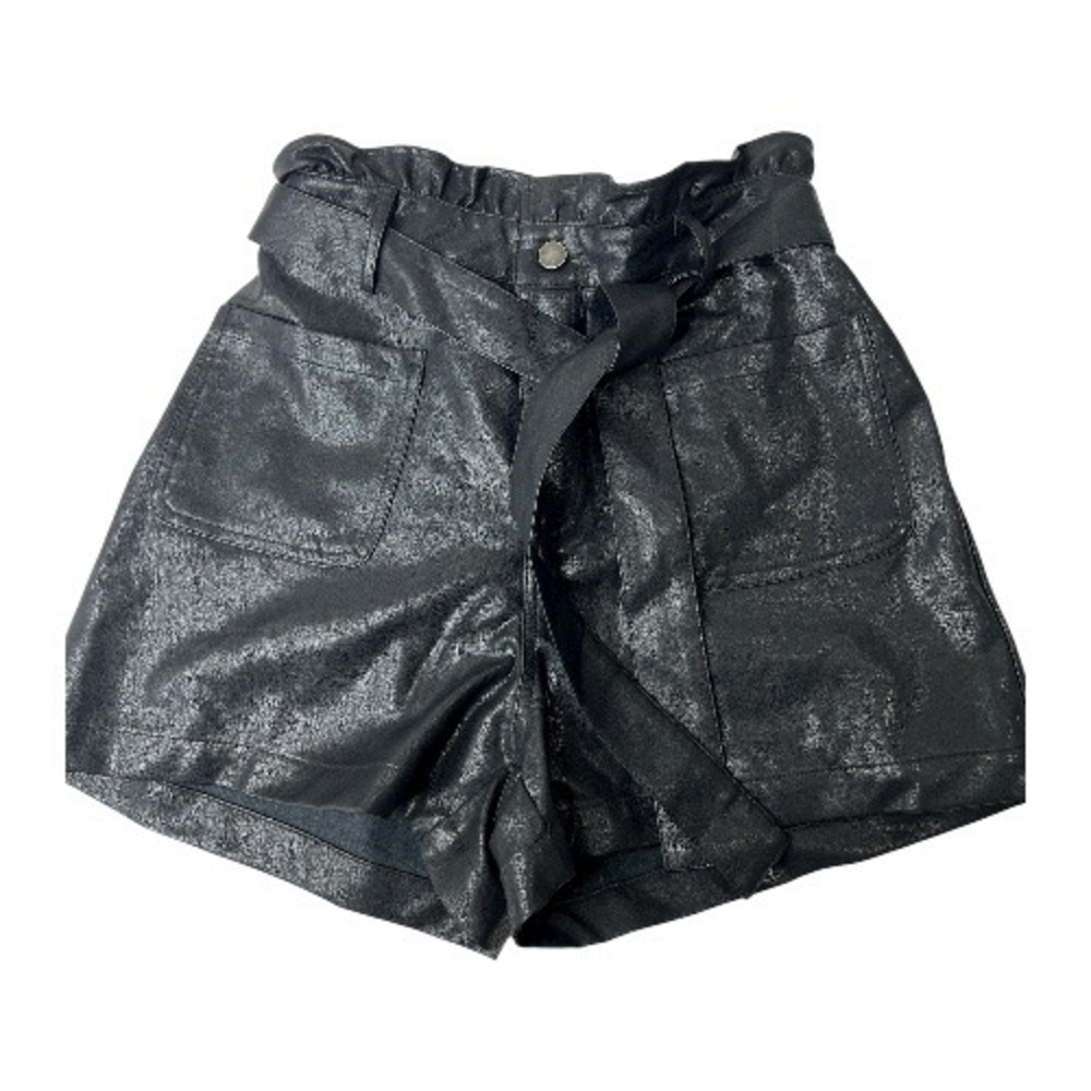 Alya Black Faux Leather Shorts Medium High Waist Paper Bag Belted‎ Casual